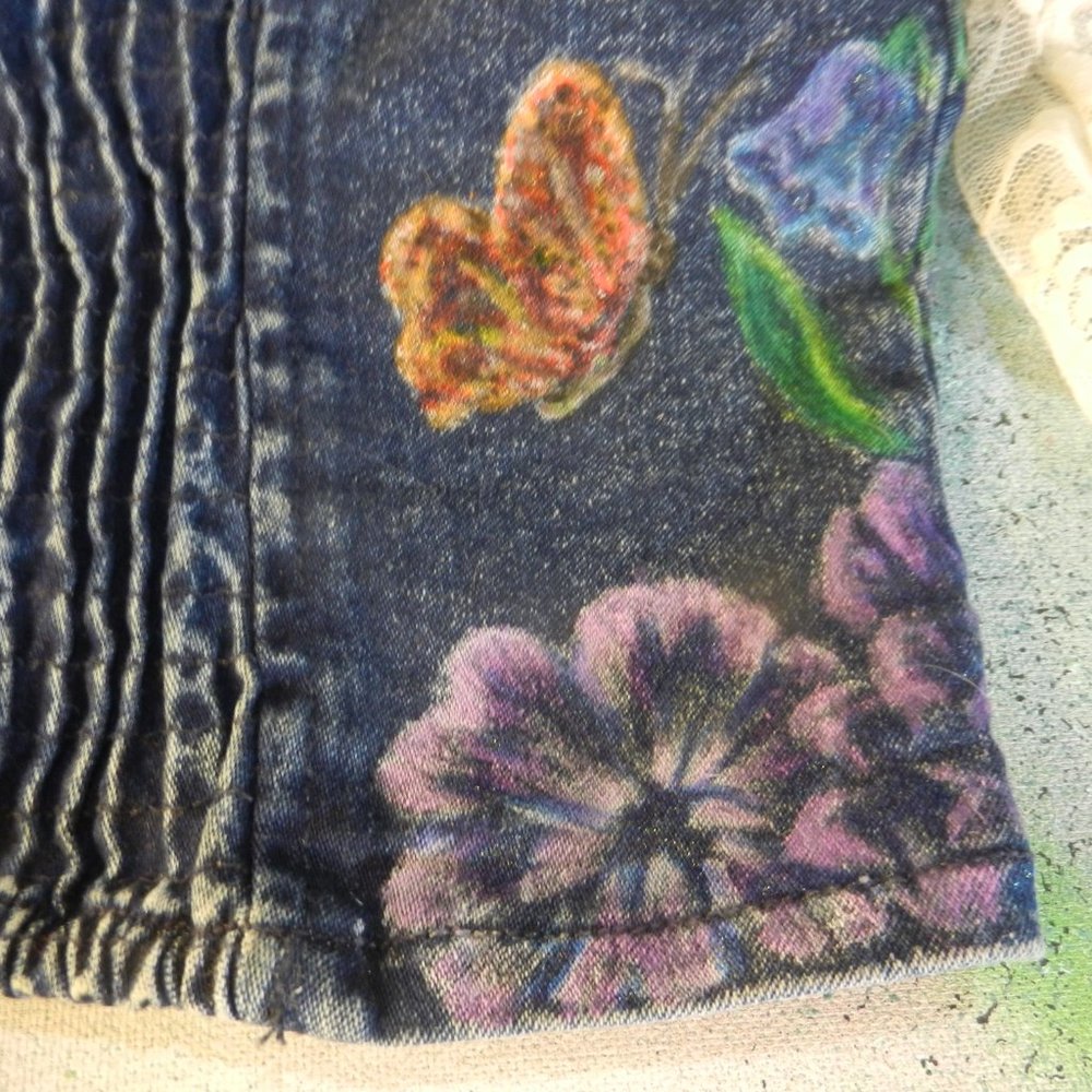 HAND CRAFTED floral denim bustier OOAK custom hand painted jean camisole top - Picture 5 of 16